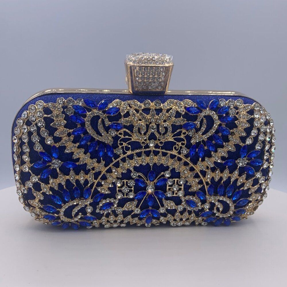 Purse, clutch, shoulder chain, deep blue, gold metal, blue and clear gems, NWOT